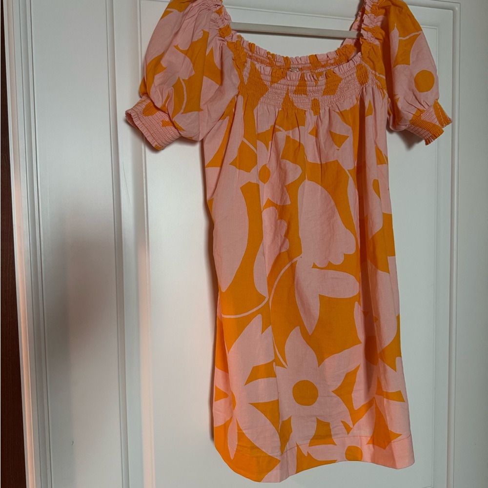 Anthropologie Pink and Orange Puff Sleeve Sundress